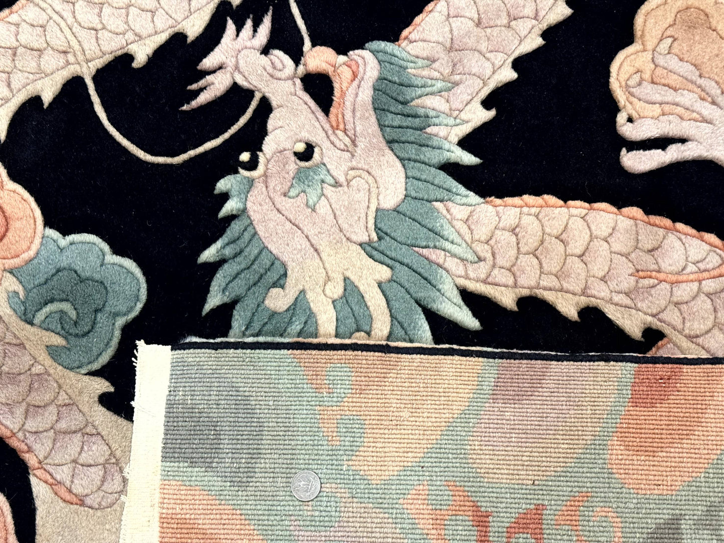 Black Chinese Wool Rug 8x10 Hand Knotted Dragons With Rainbow Borders