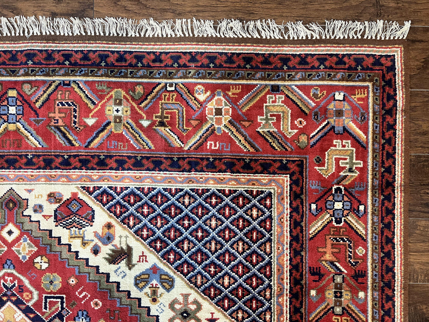Belgium Power Loomed Wool Rug 8x12 Geometric Medallions Persian Tribal Pattern Ivory Red Blue