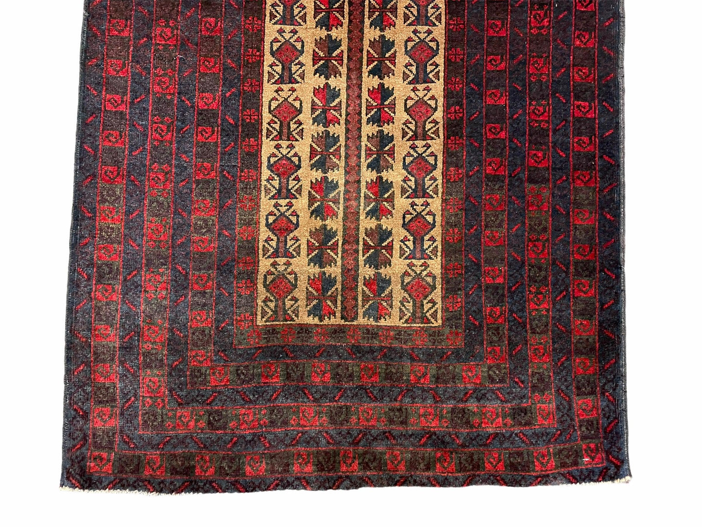 Turkoman Balouch Handmade Wool Rug Three By Three Point Five Vintage Red Tribal Prayer Carpet