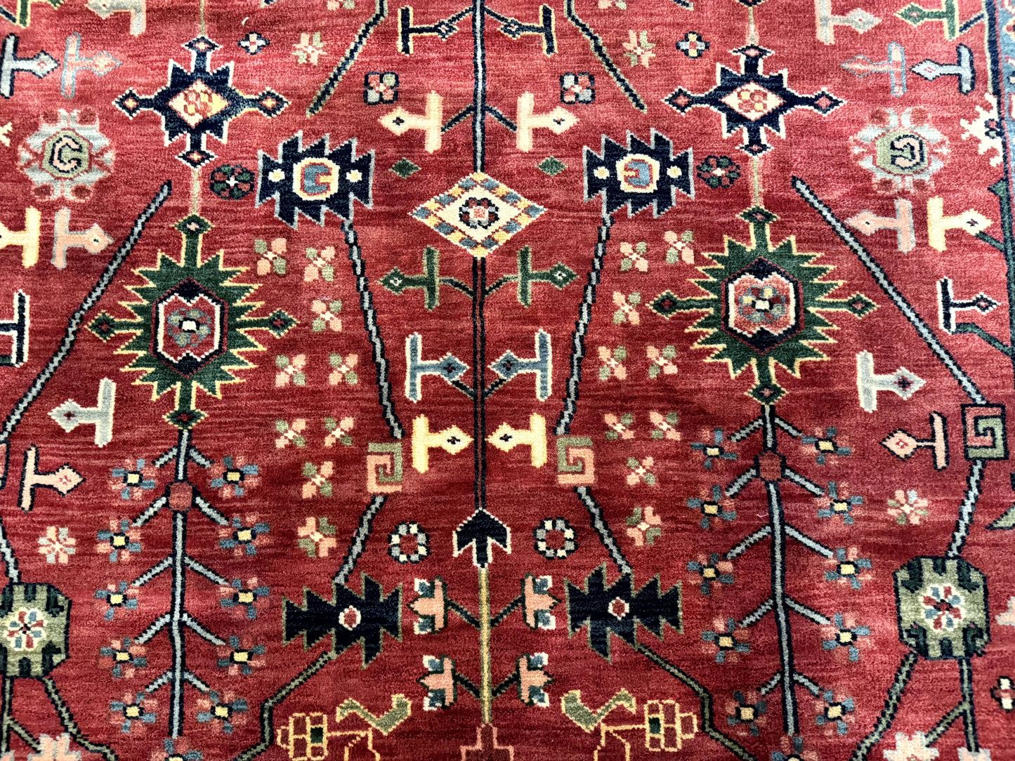 Indo Persian Heriz Serapi Rug 6x8 Handmade Wool Allover Pattern In Rust Red And Navy Blue