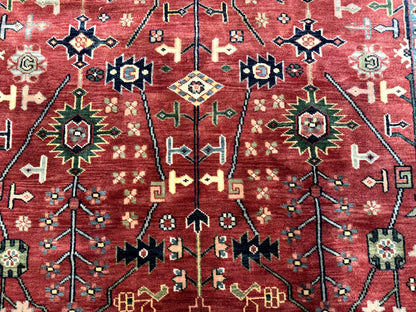 Indo Persian Heriz Serapi Rug 6x8 Handmade Wool Allover Pattern In Rust Red And Navy Blue