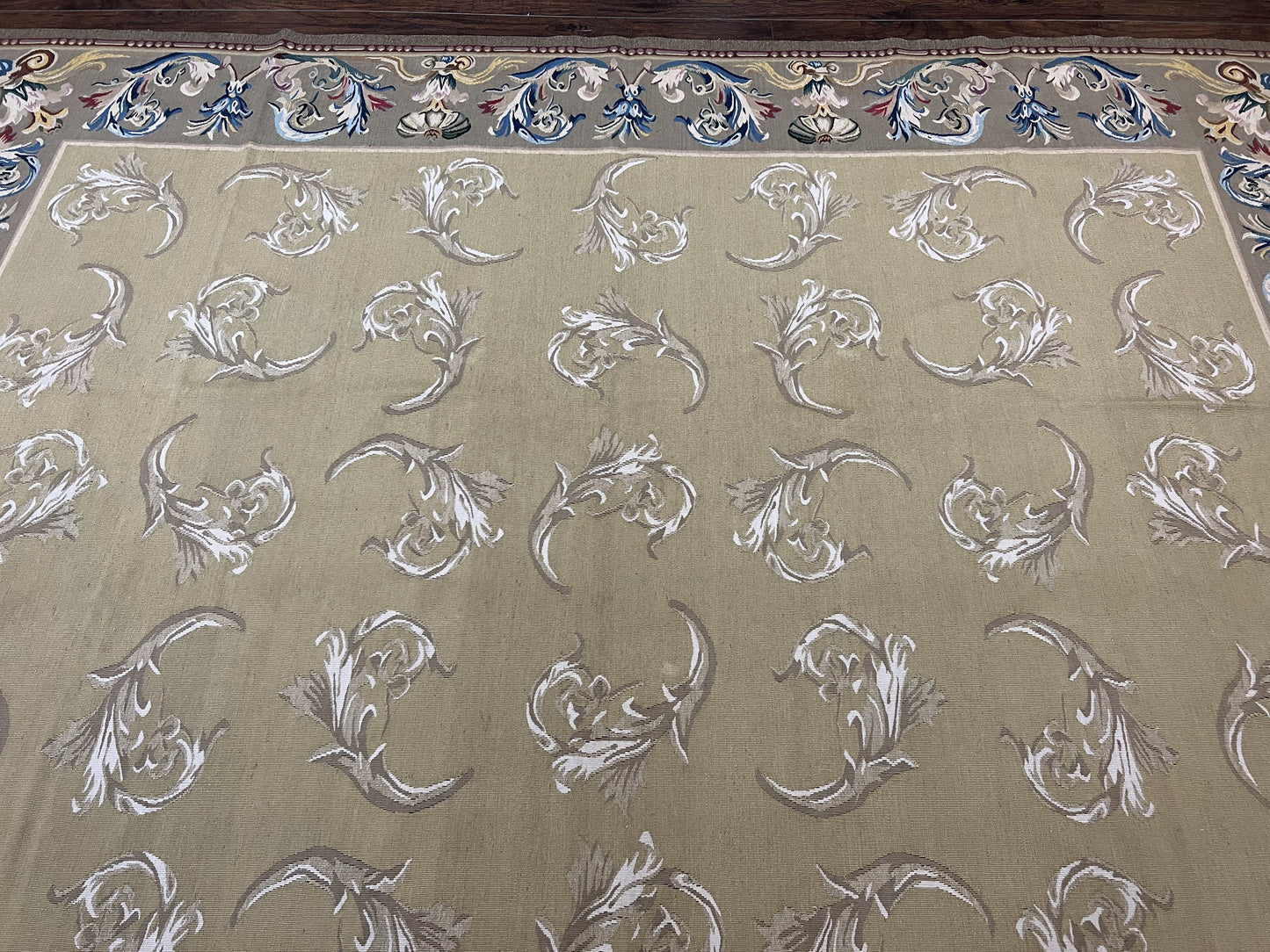 Vintage Aubusson Flatweave Area Rug 9x12, Aubusson Weave, Wool, Beige, Handmade, French European Design, 8'9" x 11'9"