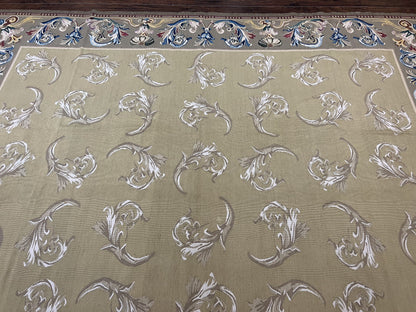 Vintage Aubusson Flatweave Area Rug 9x12, Aubusson Weave, Wool, Beige, Handmade, French European Design, 8'9" x 11'9"