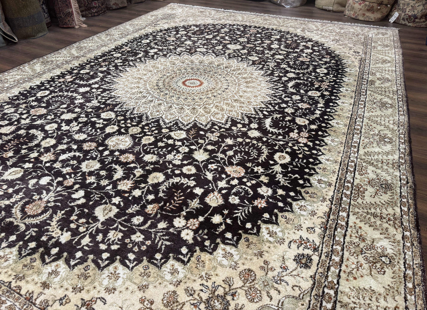 Indian Kashmiri Silk Rug 10x14, Floral Medallion