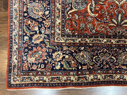 Persian Sarouk Rug 9x12 Handmade Wool Qazvin Antique Carpet Red And Dark Blue Floral Allover