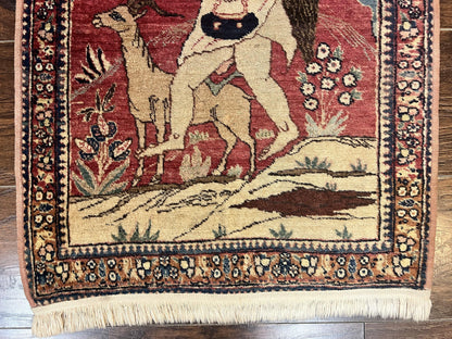 Antique Persian Kirman Rug 2 x 2.5, Small Hand Knotted Wool Carpet, Lavar Rug, Shepherd with Ram Pictorial Rug #1