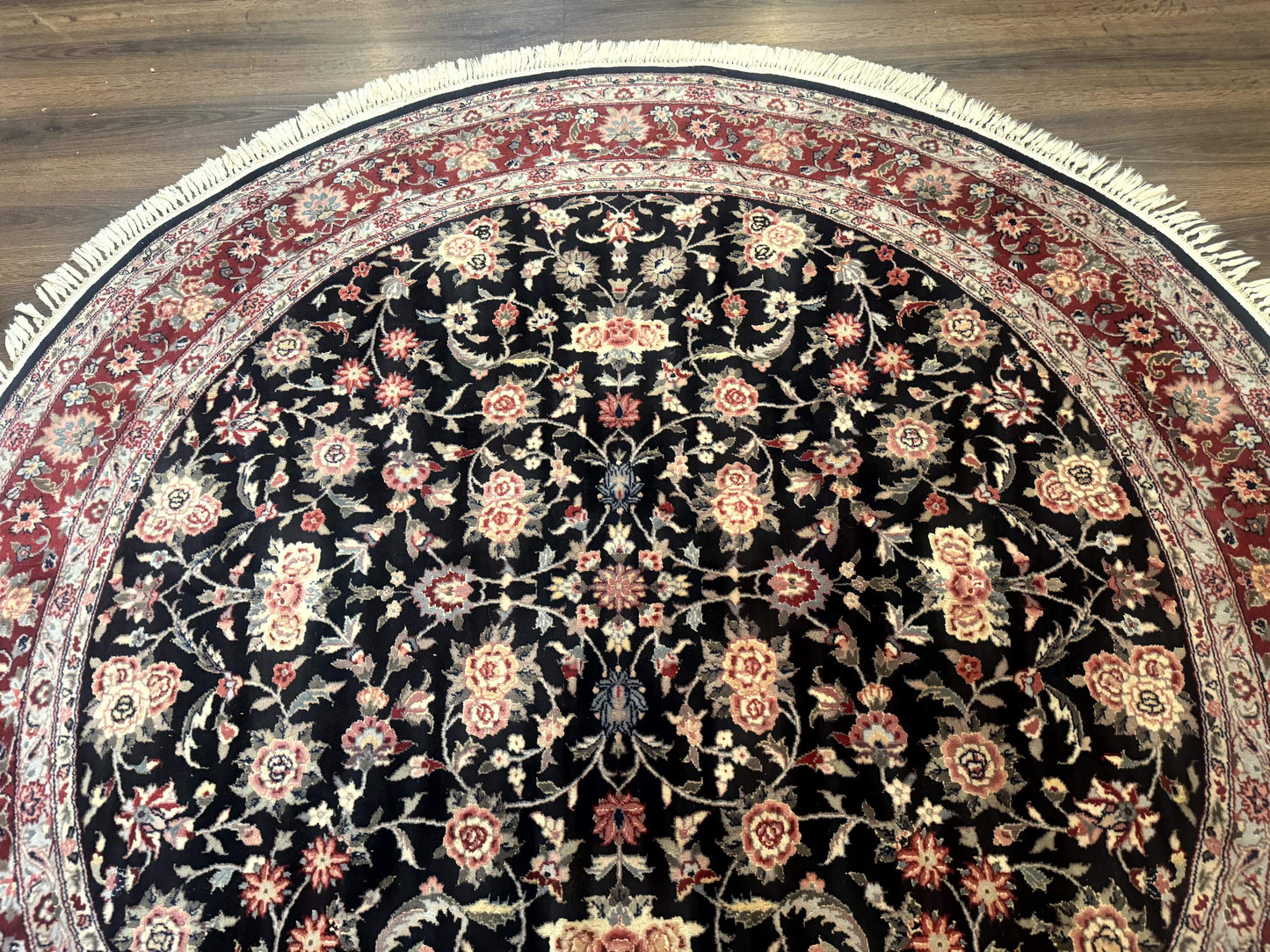 Round Sino Persian Rug 6x6 Floral Navy Blue Red Wool Silk Highlights