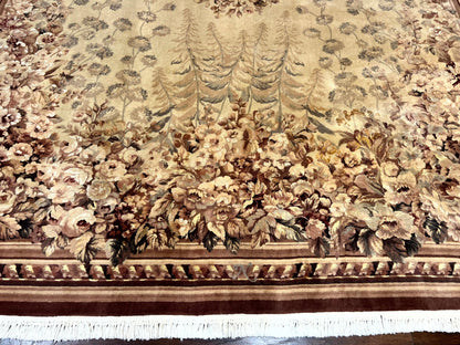 Aubusson Wool Rug 9x11 With Silk Highlights European Vintage Handmade Floral Design