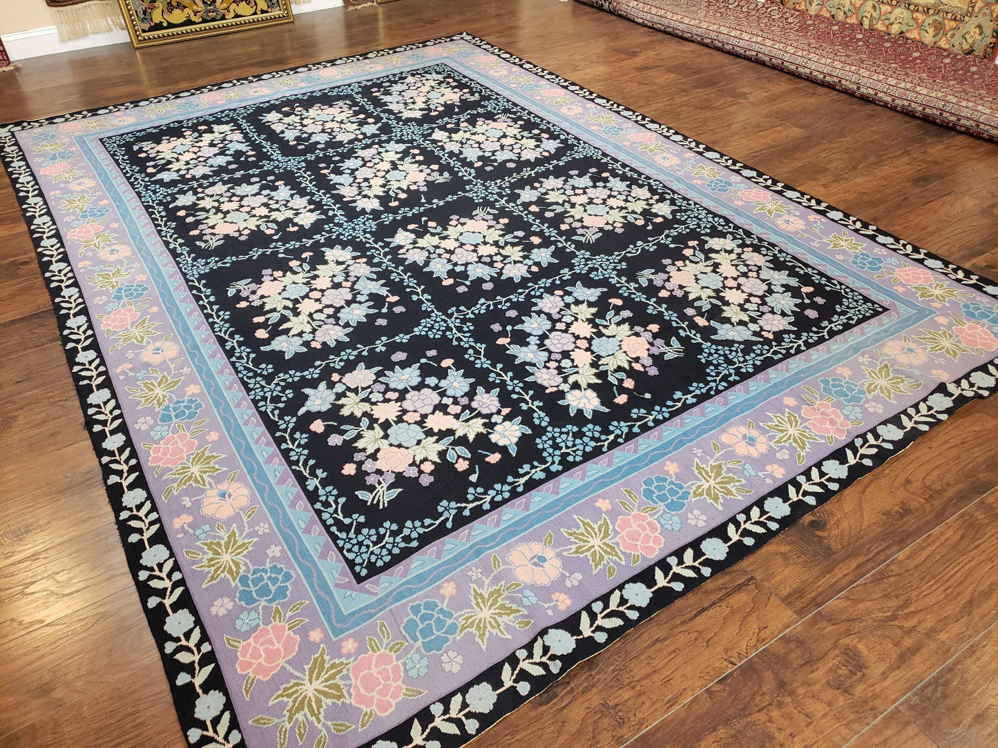 Chinese Needlepoint Rug Hand Woven Wool Vintage Floral Garden European Aubusson Design
