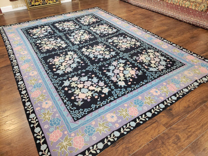 Chinese Needlepoint Rug Hand Woven Wool Vintage Floral Garden European Aubusson Design
