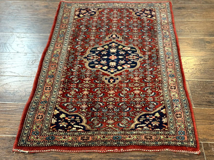 Persian Bidjar Rug 2.7 x 4, Red and Navy Blue, Small Persian Area Rug, Semi Antique