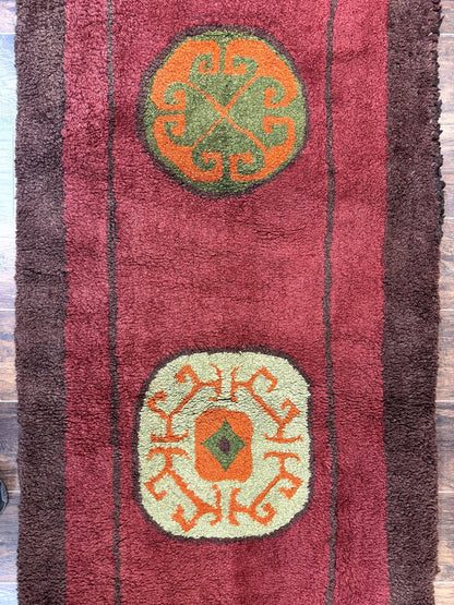 German Hooked Runner Rug 3x8, Vintage, Red, Wool