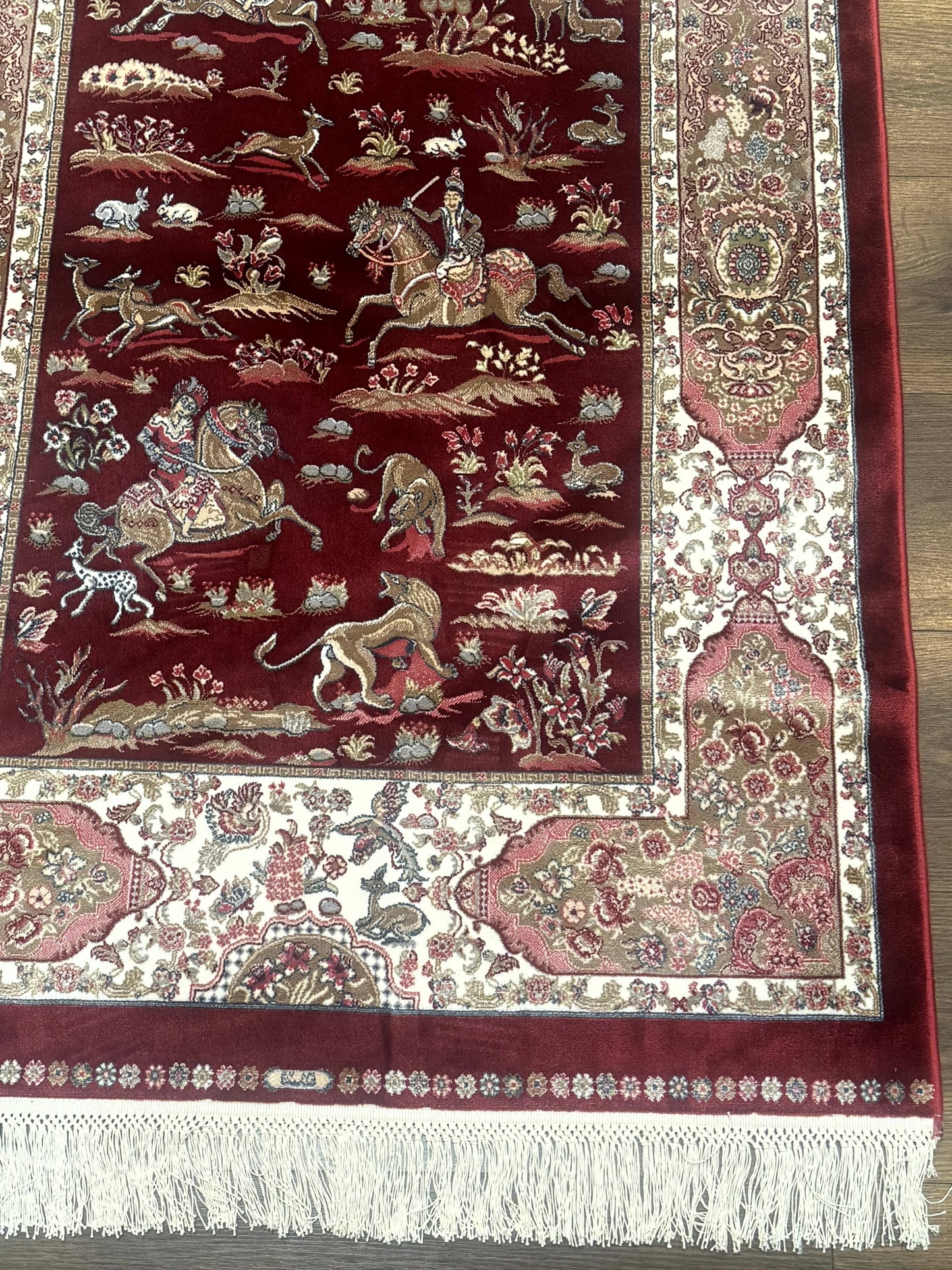 Turkish Silk Rug 3x5 Hunting Design Dark Red Ivory Bamboo Silk Area Rug