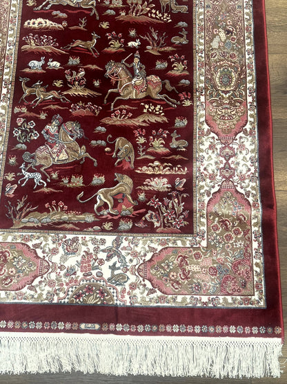 Turkish Silk Rug 3x5 Hunting Design Dark Red Ivory Bamboo Silk Area Rug