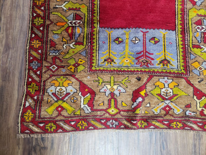 Antique Turkish Prayer Rug Handwoven Wool 3.8 By 5 Feet Colorful Red Blue Gold Anatolian Carpet