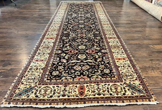 Indo Persian Rug 5x15, Wide Runner Rug 5 x 15 ft, Wool Hand Knotted Vintage Carpet, Black & Cream, Floral Allover Long Oriental Rug