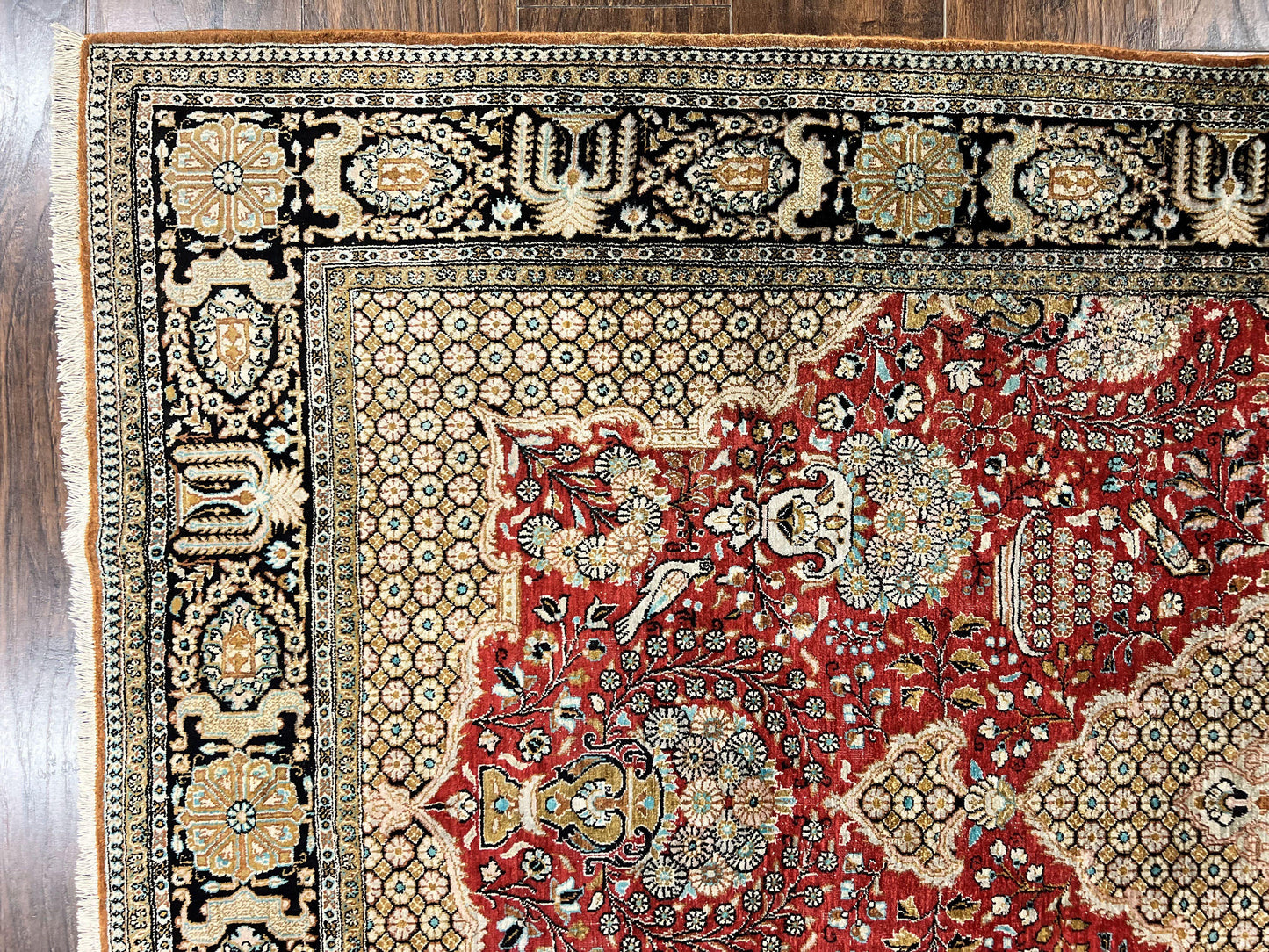 Persian Silk Rug 5x7 Hand Knotted Vintage Qum Carpet With Birds Floral Vases Red