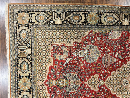 Persian Silk Rug 5x7 Hand Knotted Vintage Qum Carpet With Birds Floral Vases Red