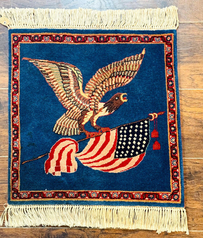 American Flag Bald Eagle Pictorial Rug Indo Persian Handmade Wool Hand Knotted
