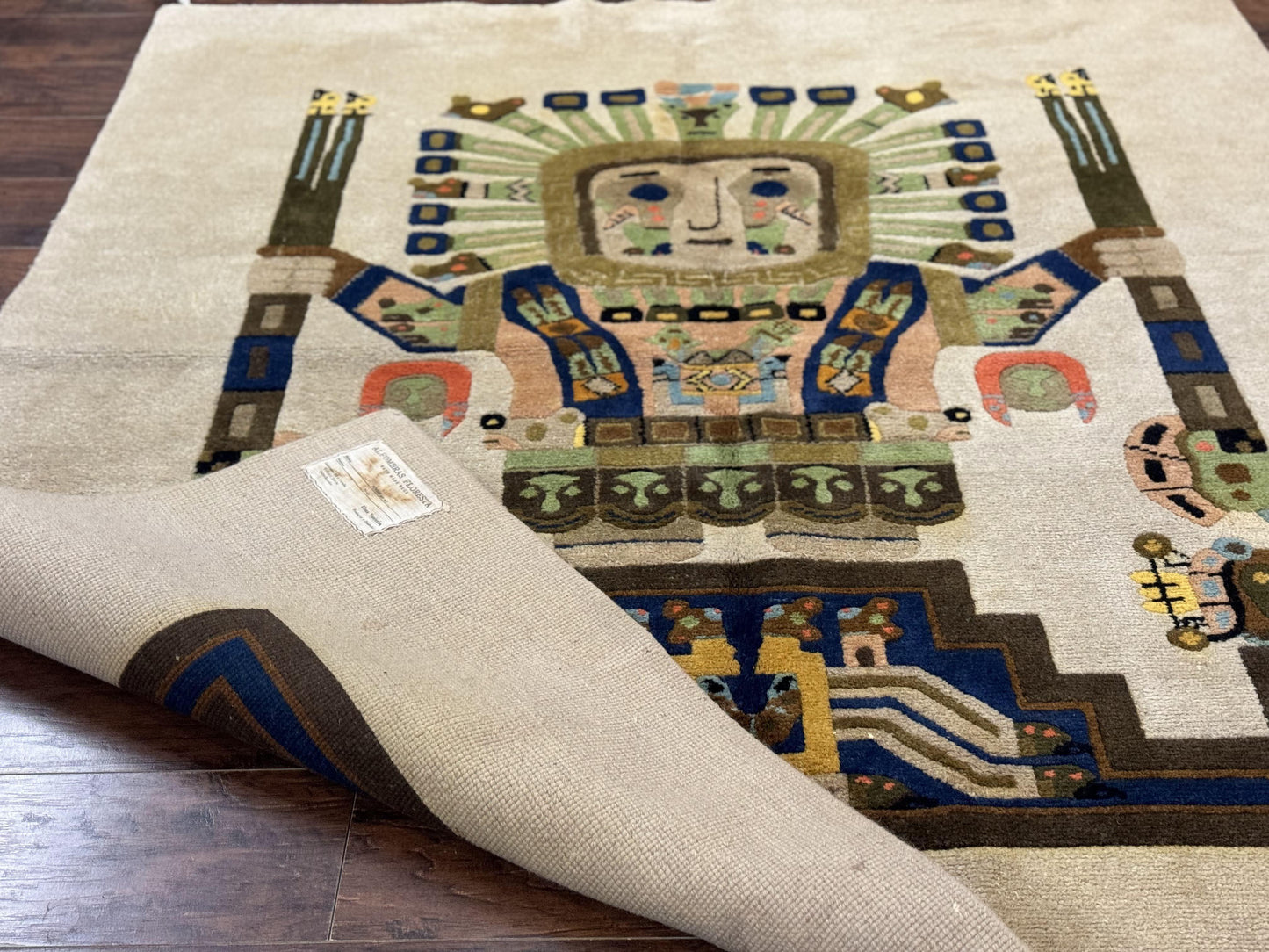 South American Rug 6x7, Unique Native American Design, Ivory, Ecuador Rug, Handmade Wool