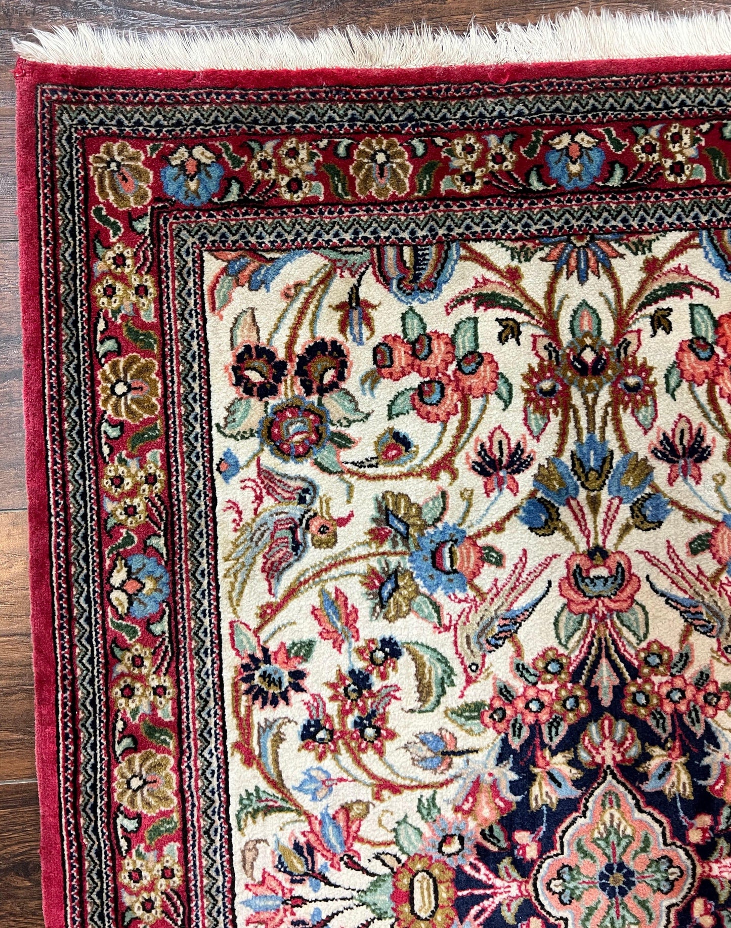 Persian Qum Runner Rug 2.8 x 10 Feet Hand Knotted Wool Floral Medallions With Birds