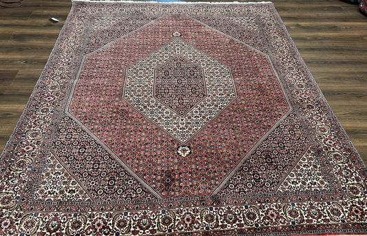 Persian Bidjar Rug 7x8 Ft Hand Knotted Wool Herati Mahi Ivory Red Navy Blue