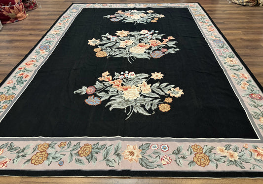 Black Needlepoint Rug 8x11 With Multicolor Flowers Vintage Handwoven Wool Carpet