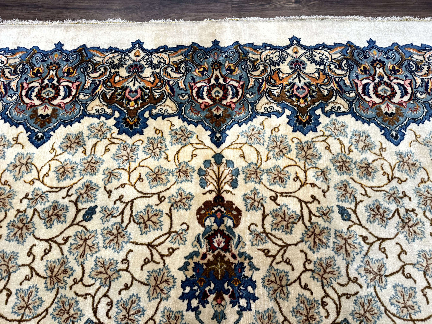 Persian Kashan Rug Hand Knotted Wool 9 X 12.6 Ivory And Blue Floral Medallion Semi Antique Carpet