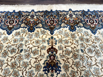 Persian Kashan Rug Hand Knotted Wool 9 X 12.6 Ivory And Blue Floral Medallion Semi Antique Carpet