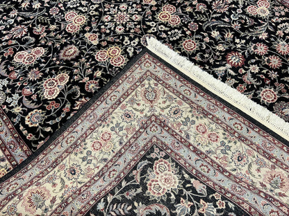 Hand Knotted Persian Rug 9x12 Wool Silk Highlights Vintage Black Cream