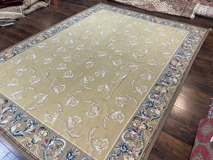 Vintage Aubusson Flatweave Area Rug 9x12, Aubusson Weave, Wool, Beige, Handmade, French European Design, 8'9" x 11'9"
