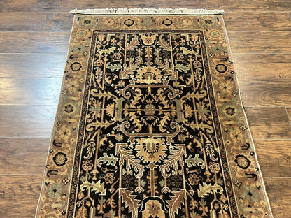 Heriz Rug 3.6 x 5, Handmade Vintage Wool Carpet, Couristan Carpet, Persian Design, Black