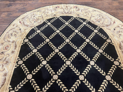 Tibetan Rug Oval 8 By 10 Wool Handmade French Aubusson Design Vintage Carpet