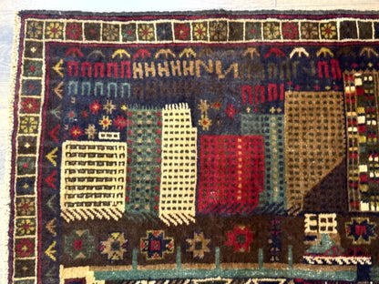 Balouch Rug 3x5 Afghan City Pictorial Hand Knotted Wool Carpet