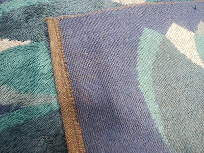 Blue Rya Rug Mid Century Danish Shag Wool Abstract Modern Rug 4 Foot 6 Inch By 6 Foot 7 Inch