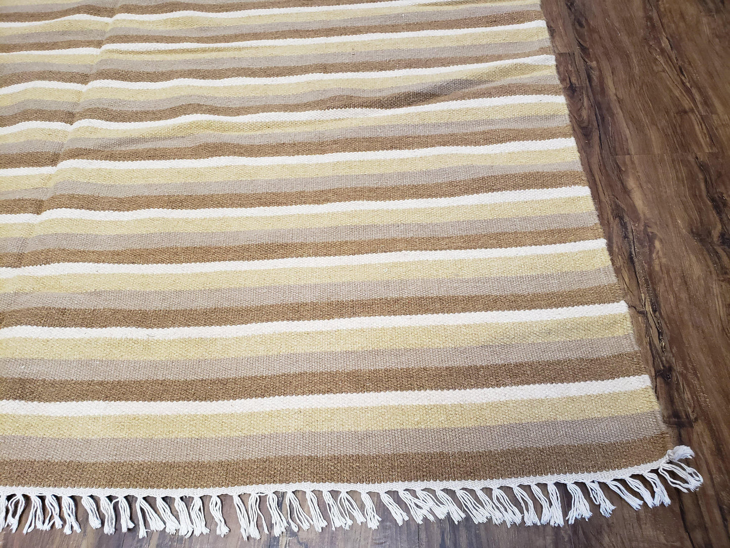 Indian Striped Blanket 6x9, Large Indo Kilim Area Rug, Earthern Tones Woolen Hand-Woven Flatweave South American Style Queen Size Bedspread