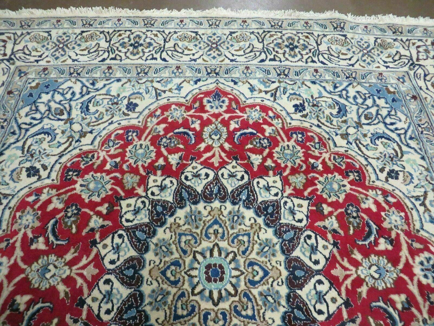 Square Persian Nain Rug 6ft 3in By 6ft 8in Hand Knotted Wool Silk Accents Ivory Red Blue
