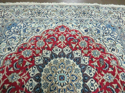 Square Persian Nain Rug 6ft 3in By 6ft 8in Hand Knotted Wool Silk Accents Ivory Red Blue