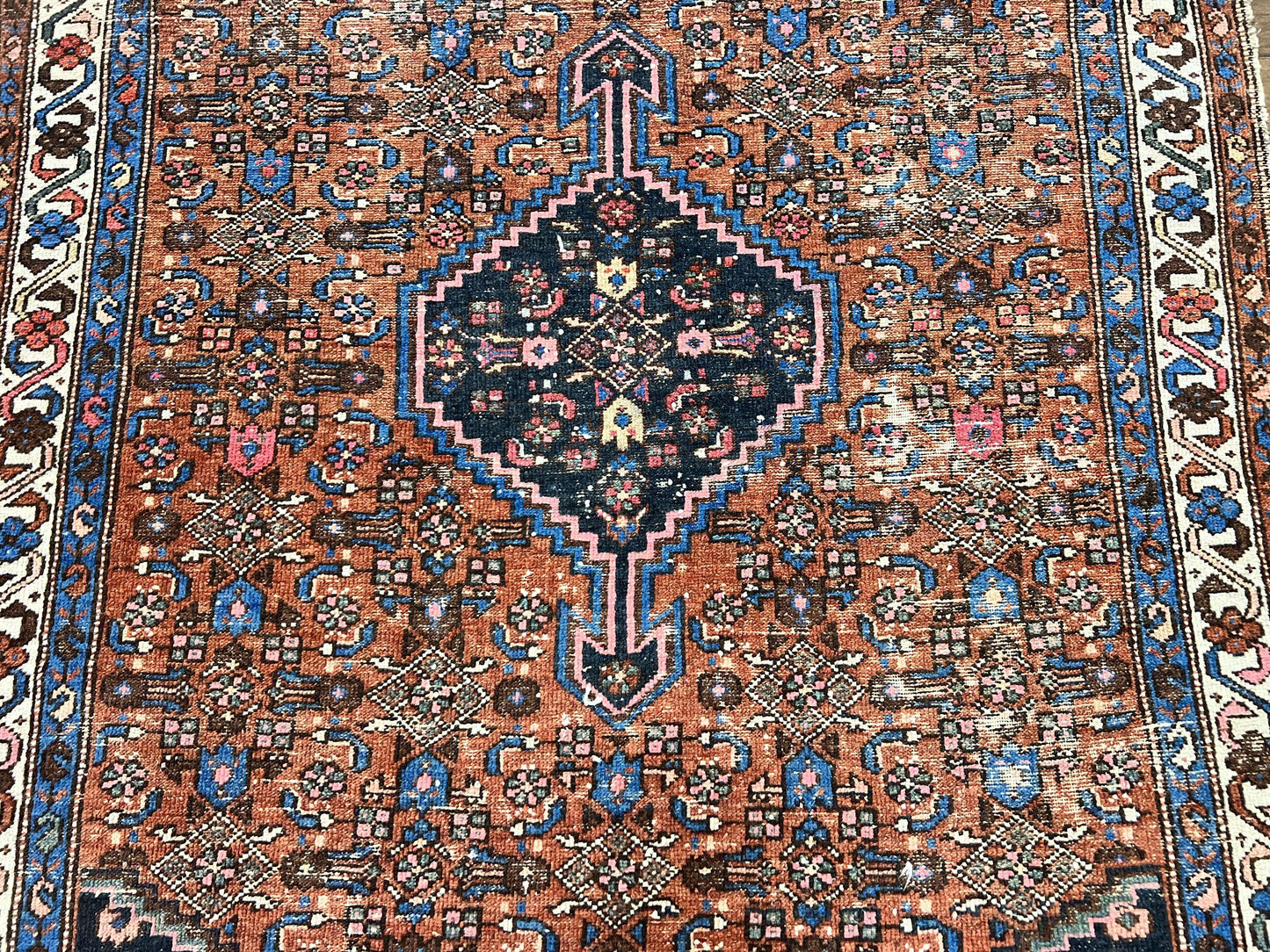 Red Persian Hamadan Rug 4x6, Wool Handmade Antique Carpet, Geometric Medallion Rug, Oriental Rug 4 x 6, Persian Tribal Rug, Hand Knotted Rug