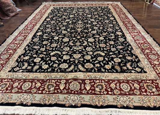 Sino Persian Rug 9x12 Hand Knotted Wool Silk Highlights Allover Floral Black And Dark Red