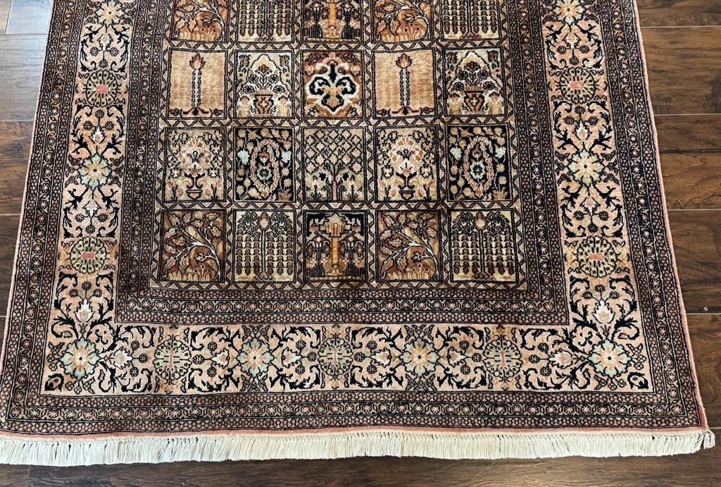 Indian Kashmiri Silk Rug 4x6, Panel Design, Multicolor, Fine