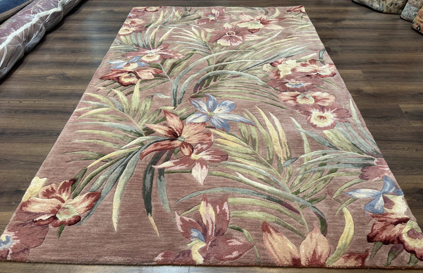 Hand Tufted Floral Rug 5x8, Light Rose Wool Carpet