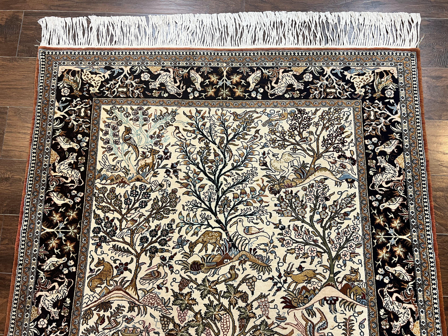 Persian Qum Tree of Life Rug 5x7, Wool and Silk Highlights, Animal Motifs, Vintage Hand Knotted Handmade Cream & Black Fine Oriental Carpet