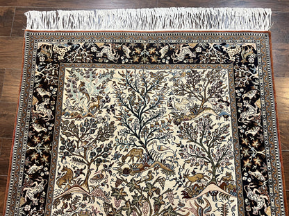 Persian Qum Tree of Life Rug 5x7, Wool and Silk Highlights, Animal Motifs, Vintage Hand Knotted Handmade Cream & Black Fine Oriental Carpet