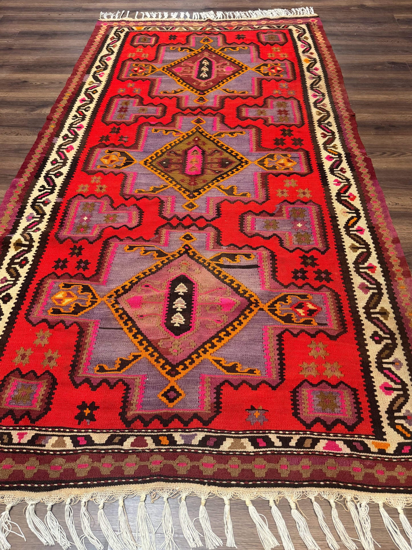 Persian Kurdish Zarand Kilim Rug 5x9 Runner With Red Field And Geometric Medallions
