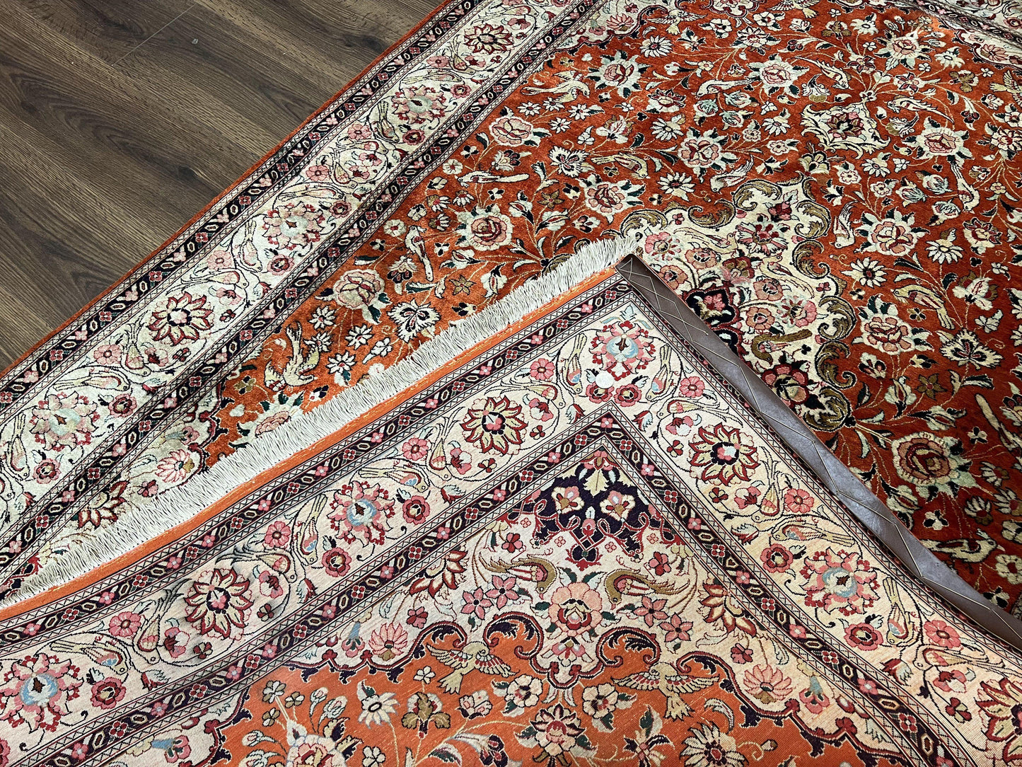 Persian Qum Silk Rug 5x7 Floral Medallion Birds Orange Red Hand Knotted