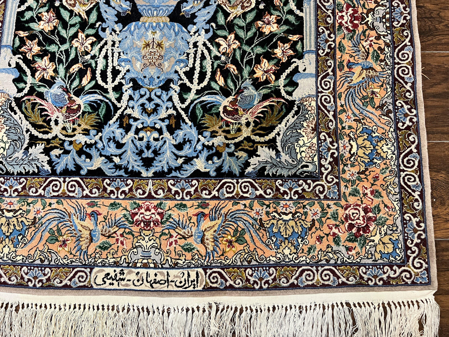 Persian Isfahan Rug 3.7x5 Kork Wool On Silk Tree Of Life Vase Peacocks Very Fine 460 KPSI