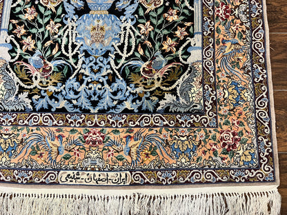 Persian Isfahan Rug 3.7x5 Kork Wool On Silk Tree Of Life Vase Peacocks Very Fine 460 KPSI