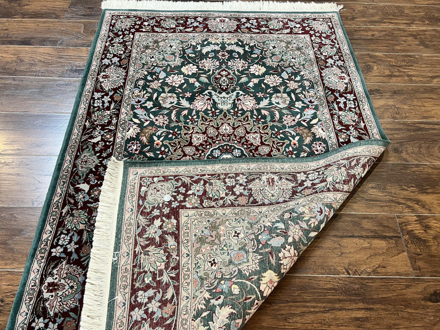 Pak Persian Rug 4x6, Wool Hand Knotted Vintage Carpet, Dark Green, Floral Medallion, Fine Oriental Rug