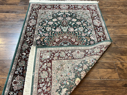 Pak Persian Rug 4x6, Wool Hand Knotted Vintage Carpet, Dark Green, Floral Medallion, Fine Oriental Rug